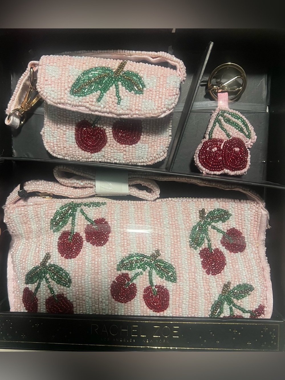 Rachel Zoe Pink Beaded Cherry purse Pouch Set and Keychain